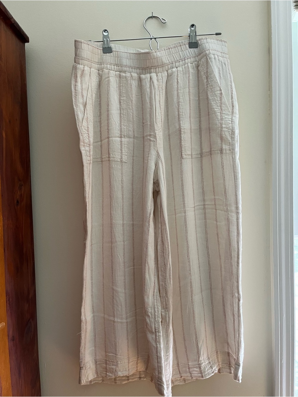 SPLENDID Light Cream Striped Lined Linen-Blend Cropped Wide Leg Pants SMALL
